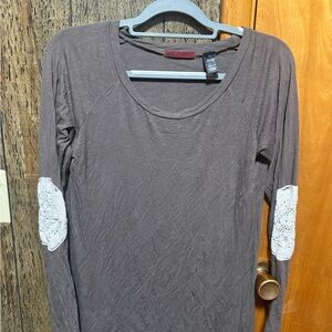 BKE Brown Long Sleeve Top with White Lace Elbow Patches
